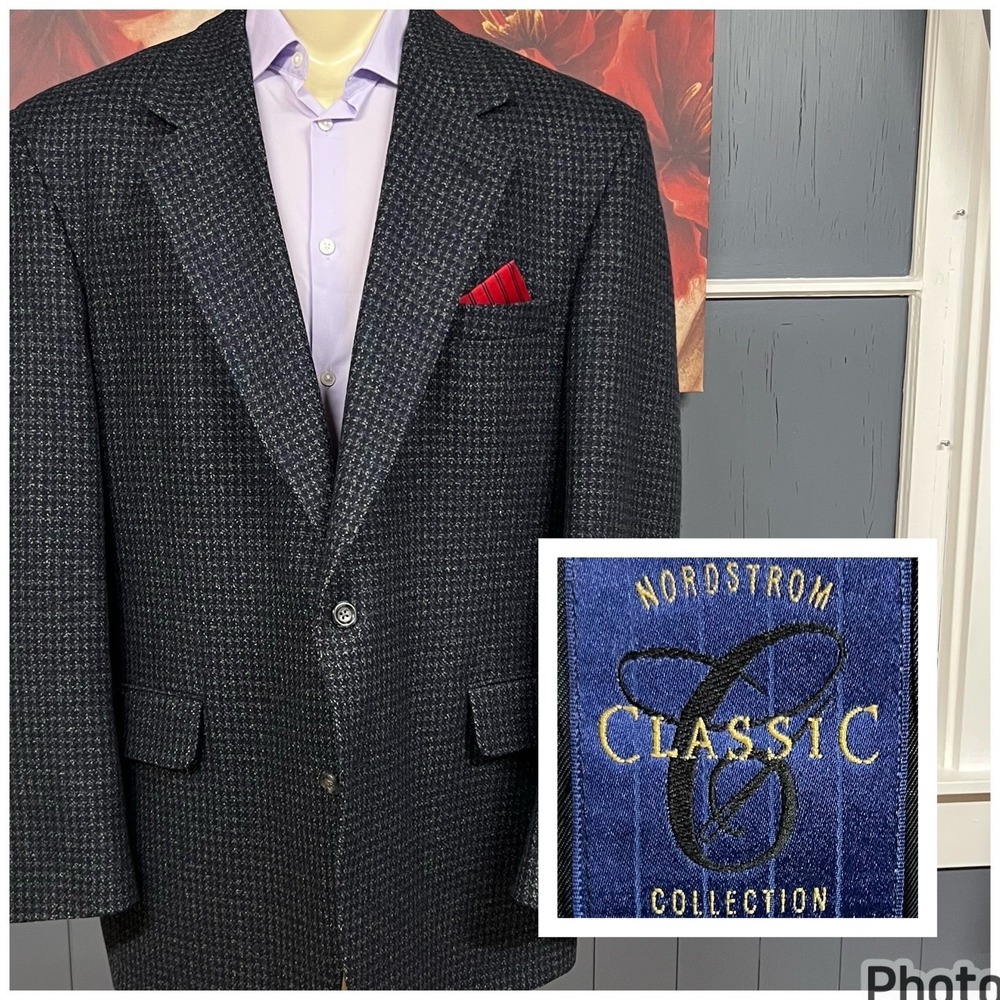 VTG Nordstrom Wool Cashmere Knit Blazer Sport Coat Mens 46L Long Dark Navy/Khaki